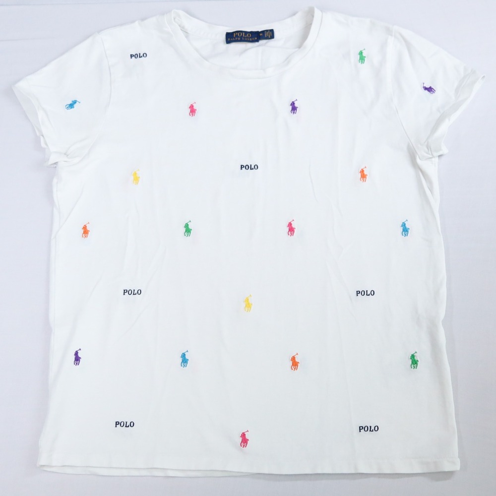 Polo Ralph Lauren T-Shirt Womens M White Multi Color All Over Pony Embroidered